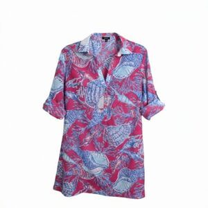 NWOT Talbots Tunic Swimsuit Cover Up Pink Blue Seashell Print Semi-Sheer XS